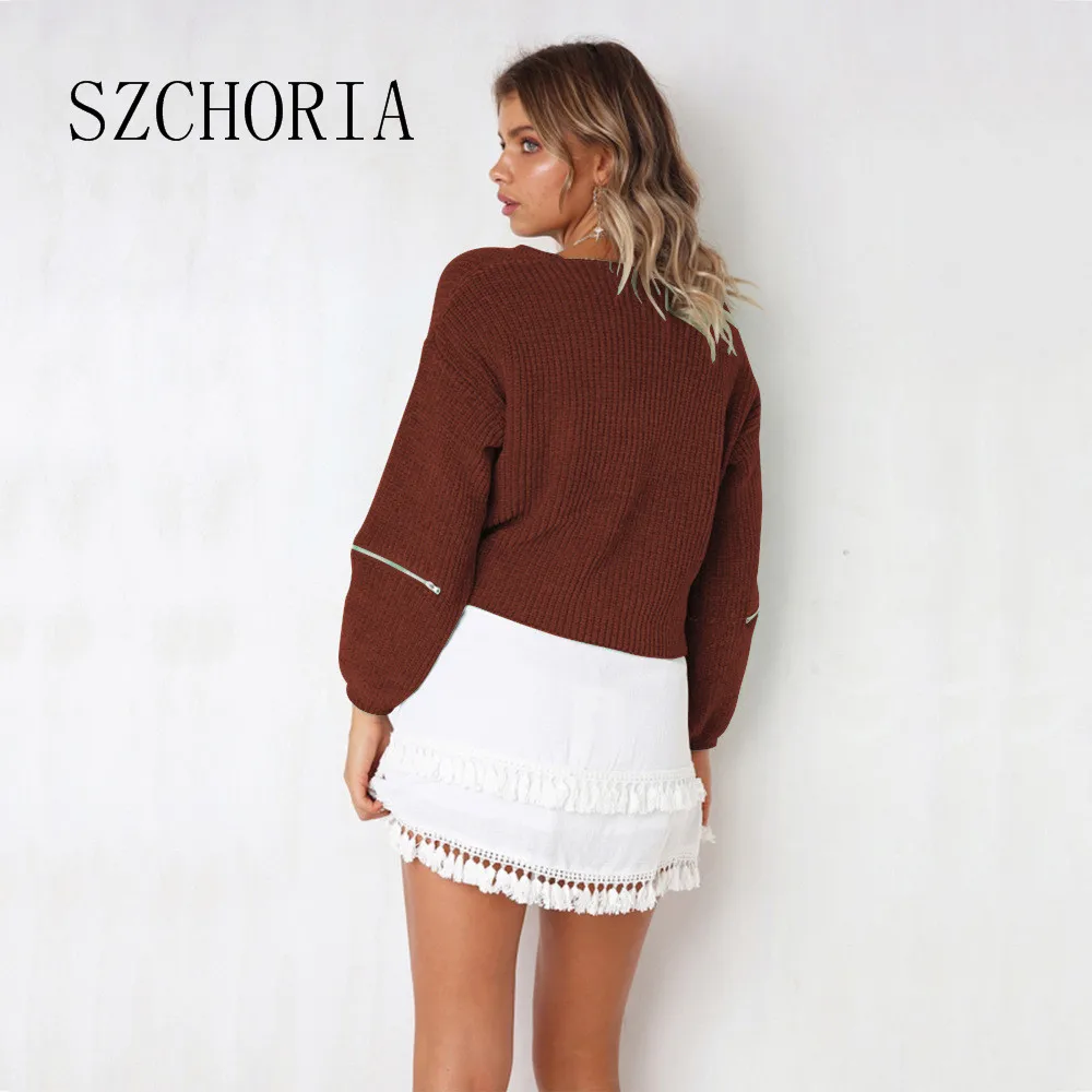 SZCHORIA New Fashion Sweater Women Sexy V Neck Zipper Long Sleeve Design Solid Color Loose Slim Knit | Женская одежда