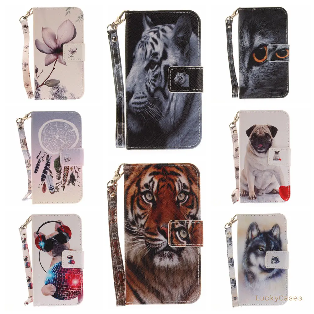 Черная кошка тигр Волк Мопс Leopard обезьяна Магнолия животного Флип Бумажник PU