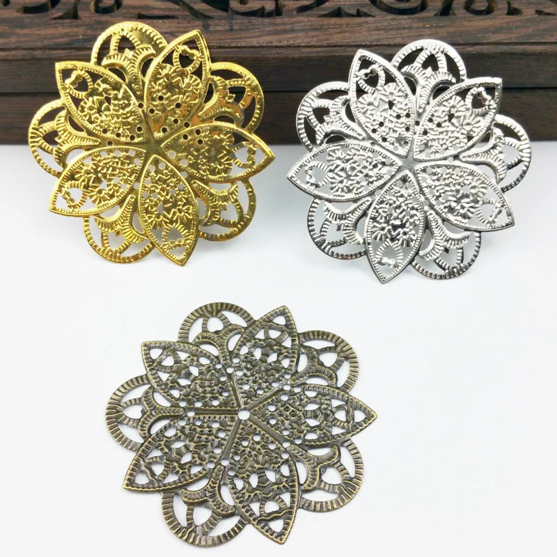 

20 pcs/lot 45mm Gold color/rhodium brozne Metal Filigree Flowers Slice Charms Base Settings Jewelry DIY Components Findings
