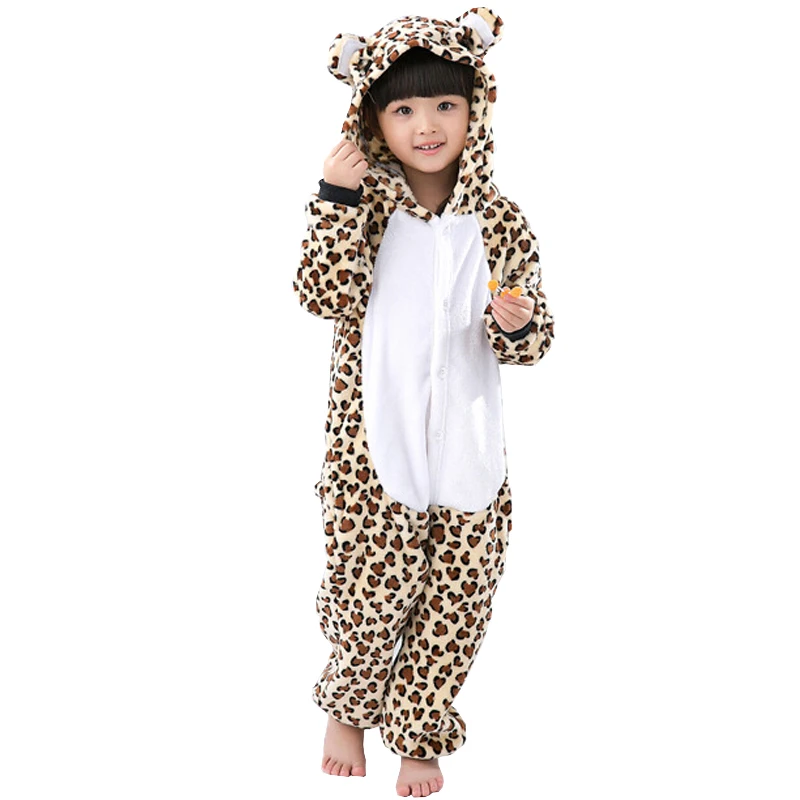 Leopard NEW Дети кигуруми Животные Пижамы Набор Мальчики Девочки Единорог Олень Пегас Косплей Зима Теплая Дети Пижамы Onesies Пижамы С Капюшоном одежда для новорожденных детские пижамный комплект пижамы для девочек мальчиков - Color: Leopard