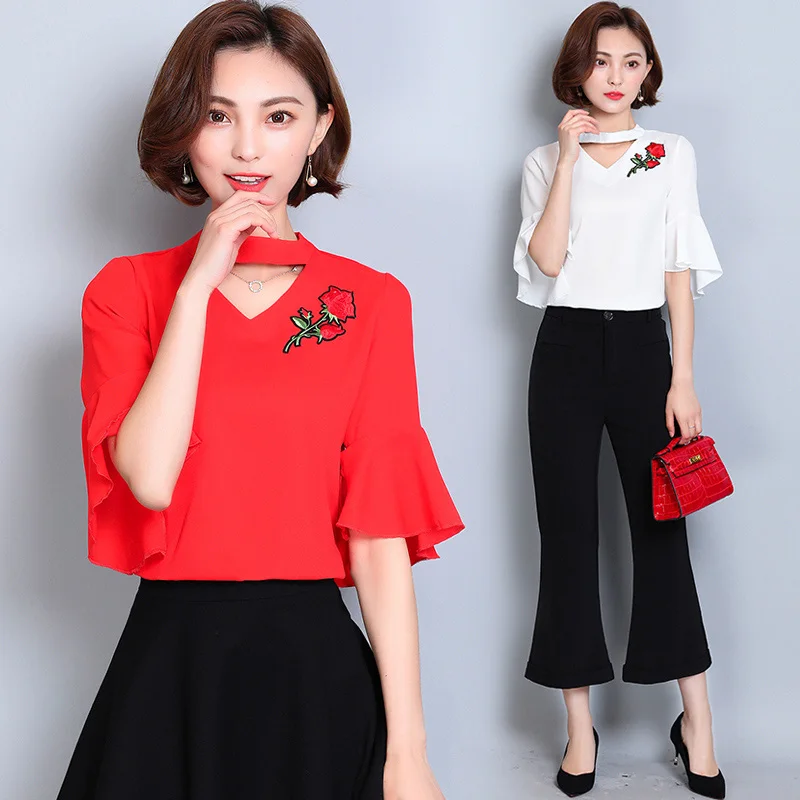 New 2017 Fashion Halter V Neck Blouses For Women Elegant Flare Sleeve Flower Embroidery Chiffon Blouse Blusas Summer Shirts Tops |
