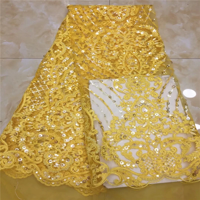 5 Yards Bestlace French Glittery African Lace Fabric High Quality Yellow Nigerian With Sequins For Party | Дом и сад