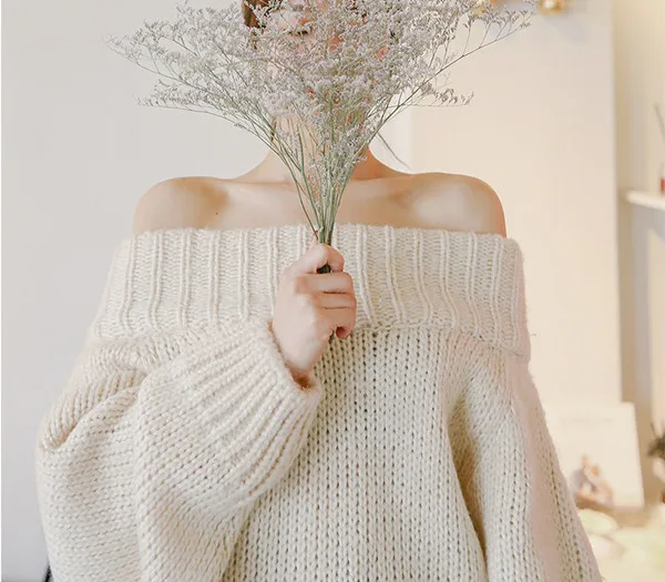 creamy-white RUGOD Модный зимний сексуальный эластичный трикотажный пуловер с круглым вырезом Женский вязаный свитер с длинным рукавом в стиле летучей мыши женский свитер - Цвет: creamy-white
