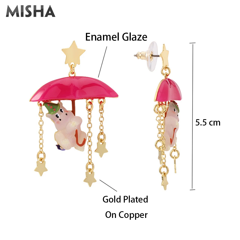 MISHA, трендовые серьги-гвоздики для женщин, милый цирк, бегемот, красный зонтик, дизайн ручной работы, эмалированные глазурованные серьги, ювелирные изделия для девушек