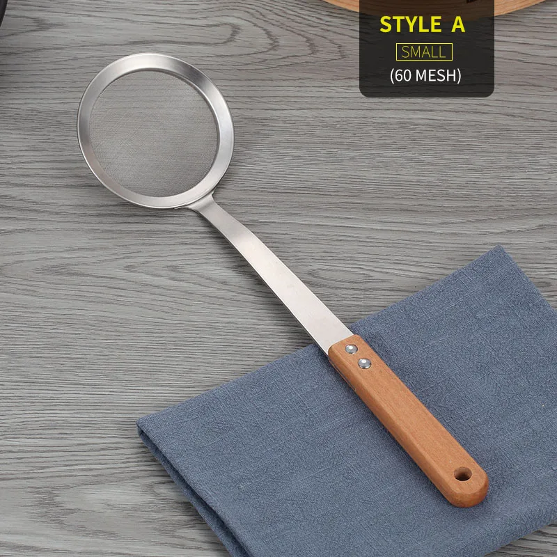 60 Mesh Small WORTHBUY 30/60 сетчатый кухонный дуршлаг 304 из нержавеющей стали сито для муки с деревянной ручкой сито для процеживания остатков масляный фильтр ложка - Цвет: 60 Mesh Small
