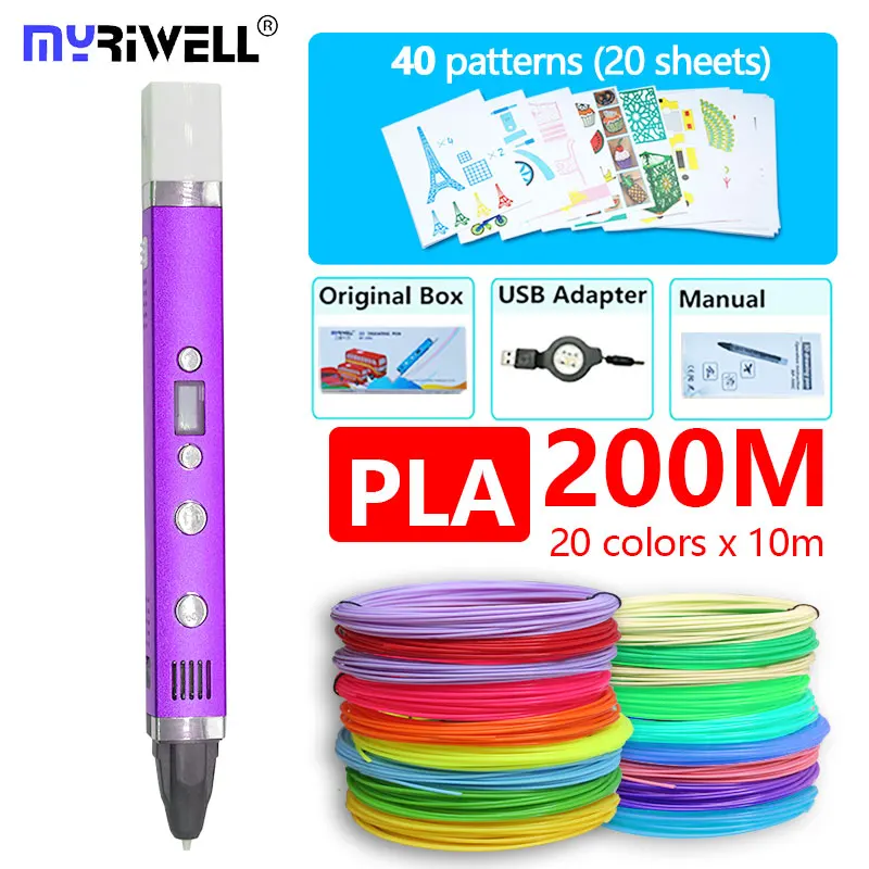 Purple P200m Pattern Myriwell RP-100C использование pla abs pcl 1,75 мм нити 3d принтер ручка низкое напряжение безопасности металлический корпус USB 3d Ручка лучший рождественский подарок - Цвет: Purple P200m Pattern