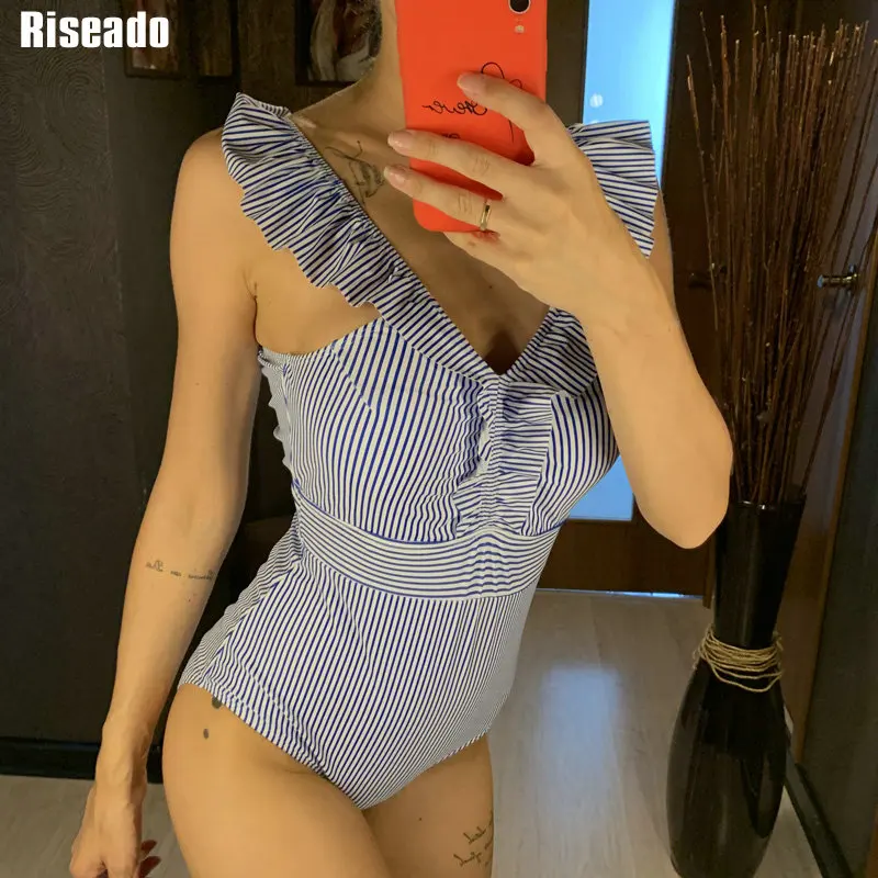 Riseado Сексуальная рюшами Одна деталь купальник купальные костюмы V-Neck Для женщин полосатый принт сексуальные пляжная одежда Новинка ванный комплект Для женщин