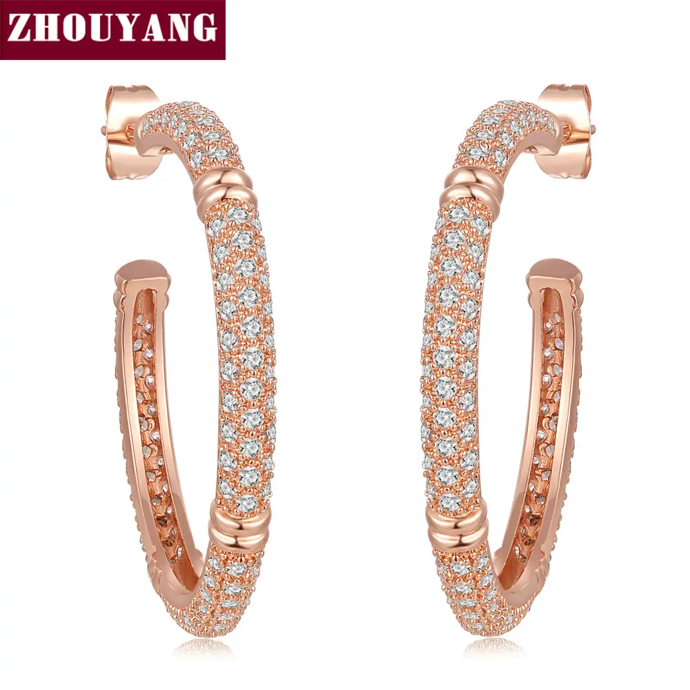 Серьги кольца ZHOUYANG ZYE617 с мозаикой из кристаллов ювелирные изделия цвета розового