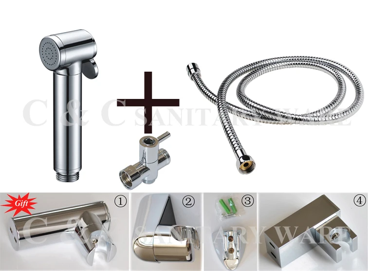 

With Holder Chrome Metal Shattaf Kit - Hand Held Bidet Sprayer + G1/2, G7/8, G3/4, M18X1.5L Optional Brass T-adapter A2015ST