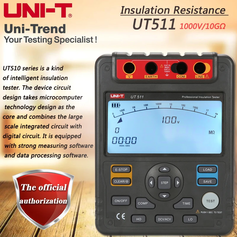 

UNI-T UT511 Insulation Resistance Tester 1000V Automatic Range Digital Megohmmeter Data Storage Polarization Index LCD Backlight