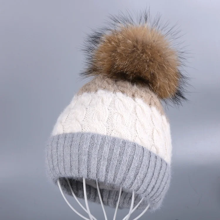 Mink pom lt gray hat OHCOXOC, новинка, женские шапочки, натуральный Лисий мех, помпоны, шапка, сохраняющая тепло, шапочки Skullies, осенняя Женская модная кашемировая зимняя шапка - Цвет: Mink pom lt gray hat