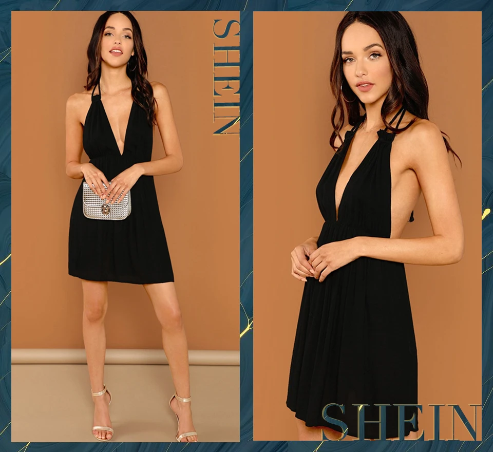 SHEIN ночи глубокий v-образный вырез с открытой спиной глубоким с лямкой на шее без рукавов Высокая талия на шее платье летние пикантные Для женщин платья