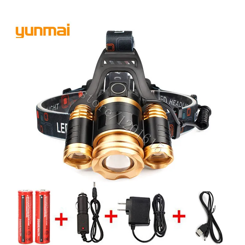 

USB 8000lm XML T6+2R5 ZOOM LED Headlight Headlamp Head Lamp Light 4-mode Torch+2x18650 Battery+EU/US/UK/AU Car Charger Fishing