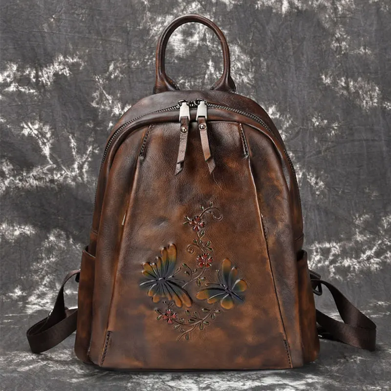 Vivid Genuine Leather Backpacks Vintage Female School Backpacks 3D Butterfly Printing Shoulder Bags Middle Size Travel Bags