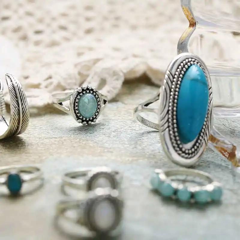 8 шт./компл. ретро геометрический камень опал кольцо женские богемные античное