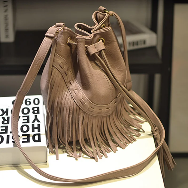 Vintage Tassel Bucket Bag Women 2018 Fashion PU Leather Shoulder Bags Black Brown Pink Gray Female Drawstring Crossbody | Багаж и сумки