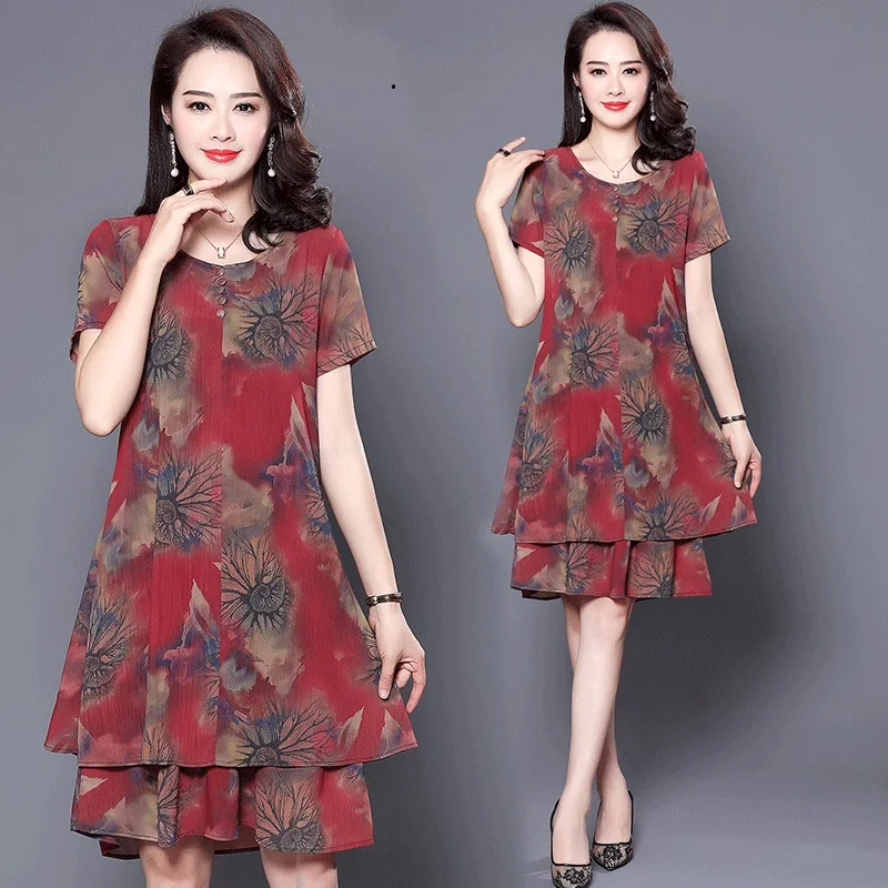 Платье женское шифоновое средней длины с коротким рукавом и принтом|Женские