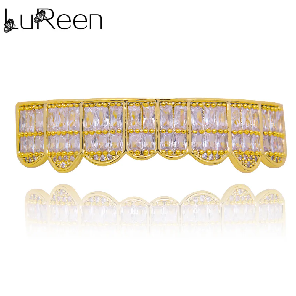 gold bottom LuReen Gold Grillz верхние и нижние грили зубные хип-хоп зуб гриль Зубы вампира шапки Рэппер рот ювелирные изделия PartyXHYT1120 - Окраска металла: gold bottom