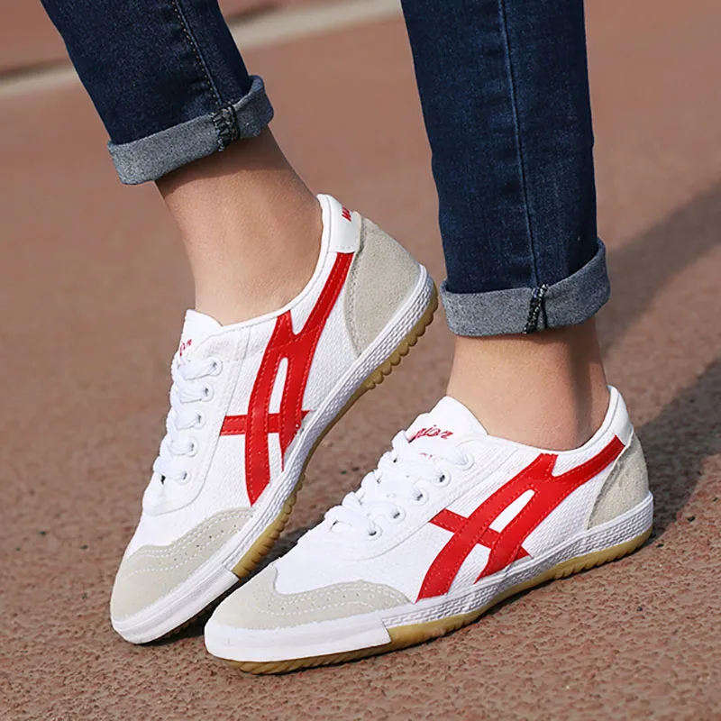 USHINE EU35-44 Red Blue Canvas Classic Retro Table Tennis Shoes Fitness KungFu TaiChi Running Adult Sneakers Shoes