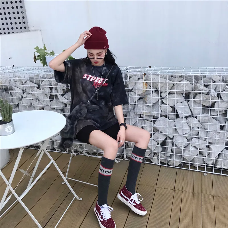 Tie Dye Gradient, большие размеры, свободные, более размера, модные, Harajuku, Женские топы с буквенным принтом, хип-хоп, короткий рукав, повседневная парная футболка