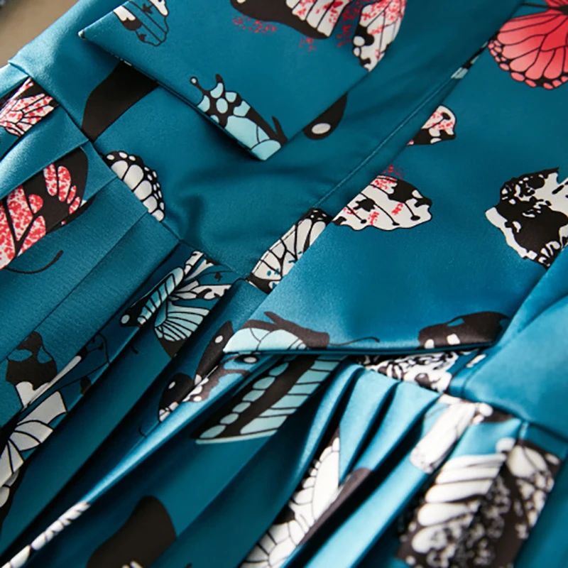 New Arrival Pretty Print Pleated Dress For Women Three Quarter Sleeve O_neck Bow Cute Blue | Женская одежда