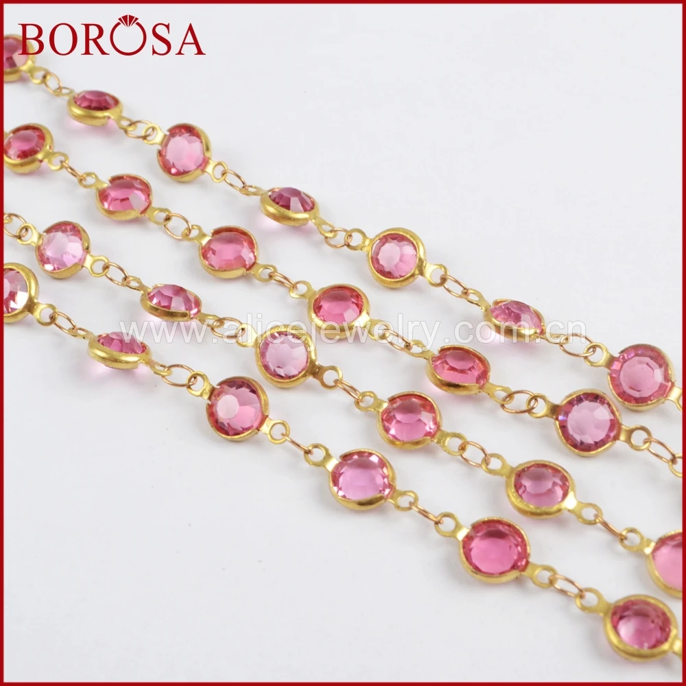 

BOROSA Wholesale Gold Color 7mm Pink Crystal Druzy Crystal Faceted Coin Rosary Chains for Necklace Drusy Beaded Chains JT191