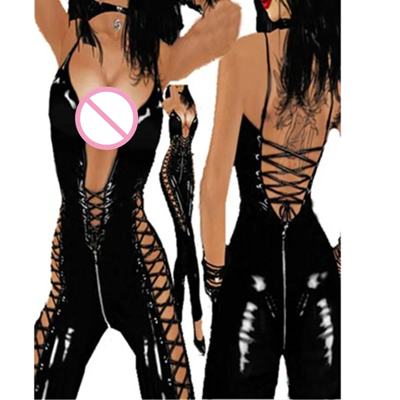 Черный сексуальный эротический боди женский комбинезон наряд из искусственной