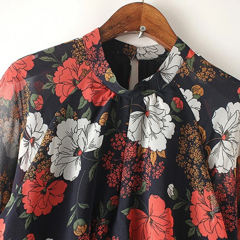 2017 лето-осень Для женщин Стенд Воротник Цветы Печать шифоновые платья дамы