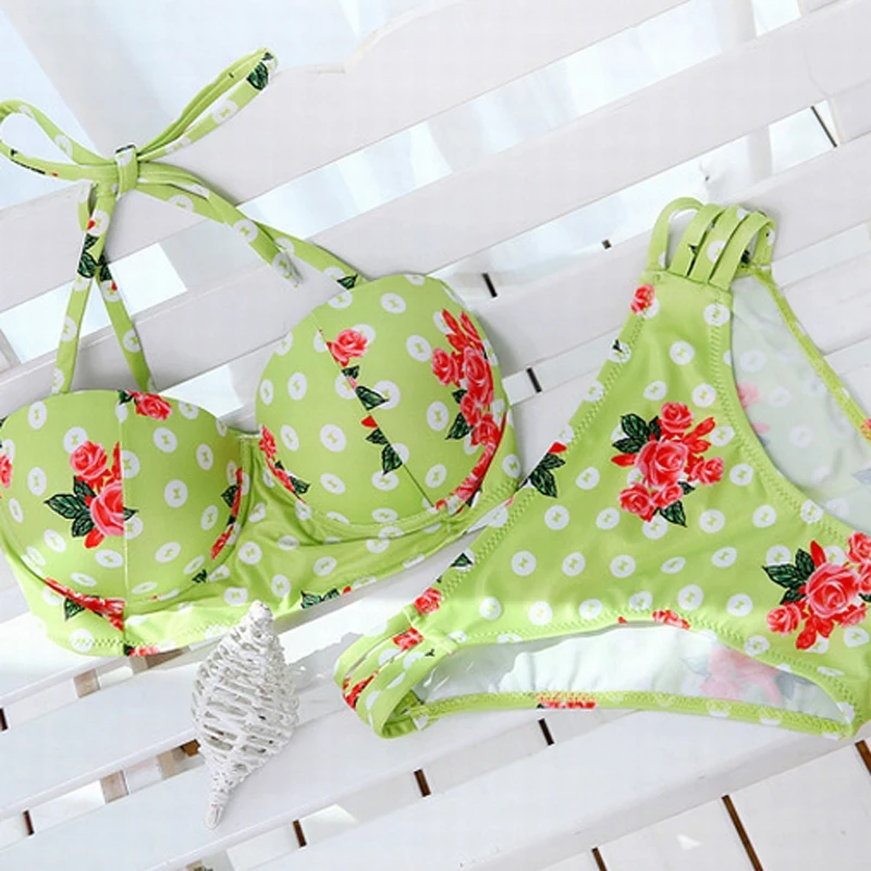 Rose Flower Printed Green Swimwear Set Brazilian Bathing Suit Push Up Swimwears Women Swimsuit Female Bikini Biquinis |