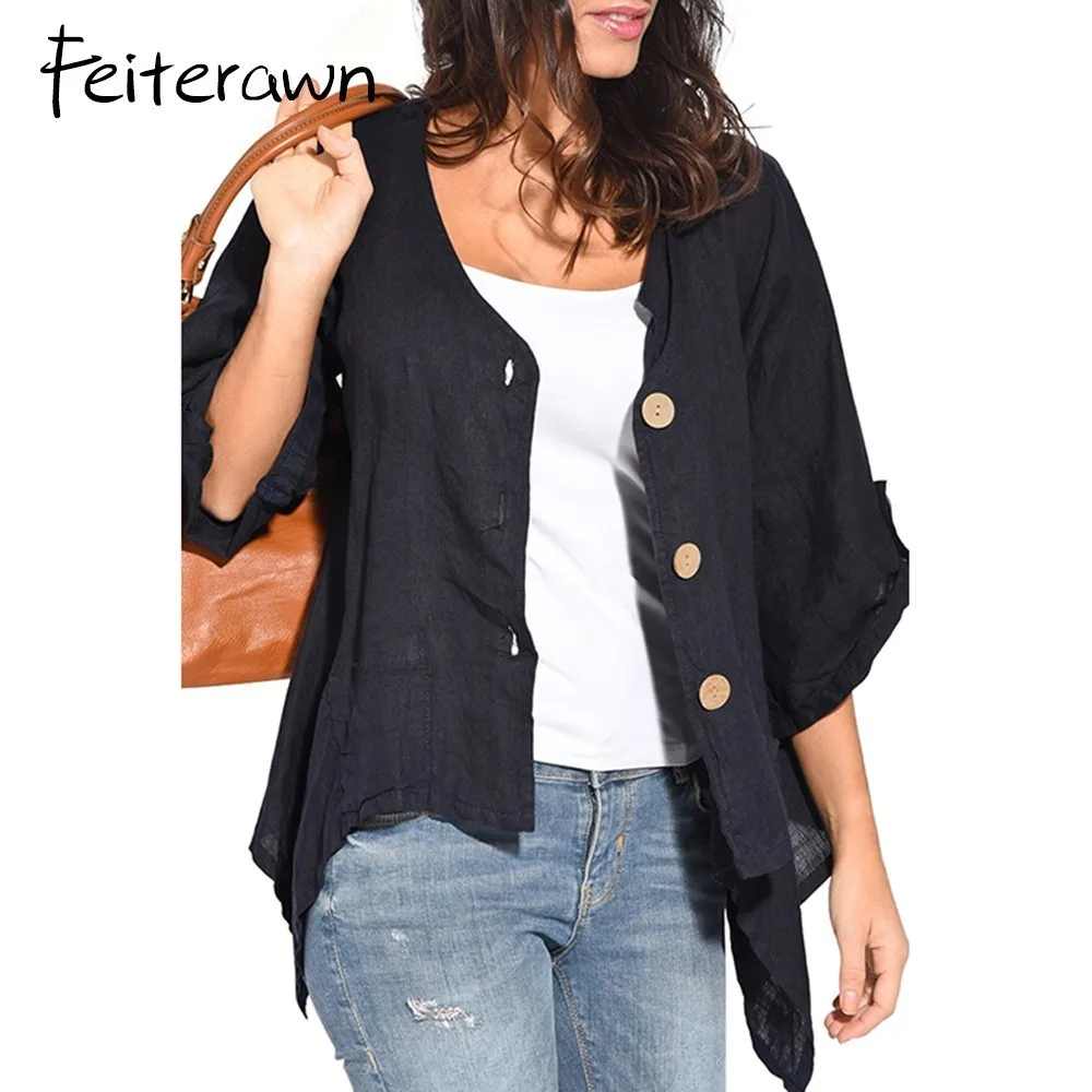 Feiterawn Roll Tab Sleeve и пуговицы спереди Для женщин Повседневная рубашка кардиганы три