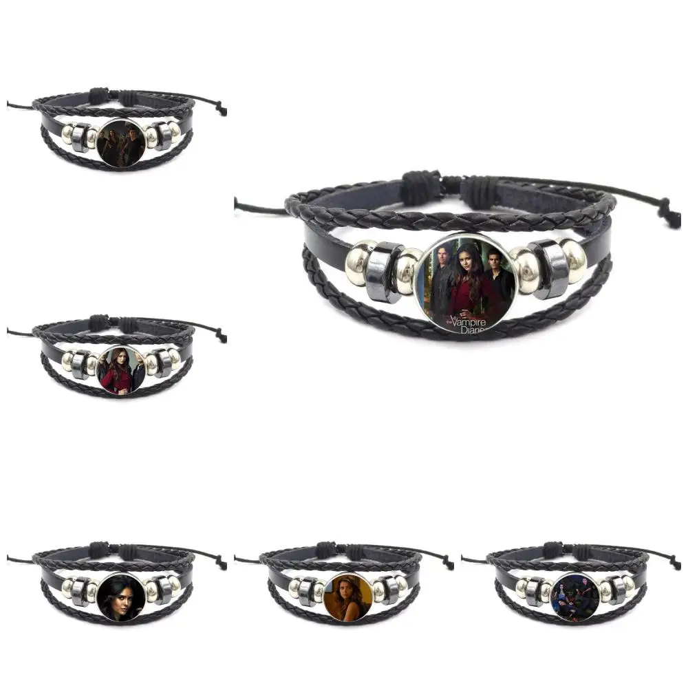 Кожаный браслет для женщин и детей из черного стекла с кабошонами Дневники