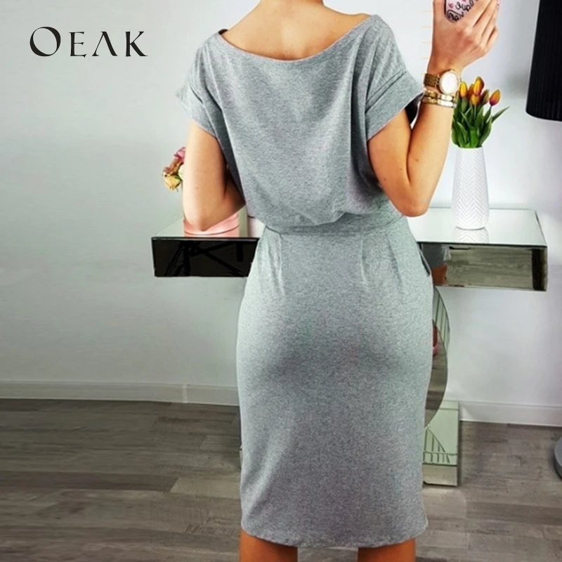 OEAK/летнее женское платье с коротким рукавом и круглым вырезом однотонные Базовые