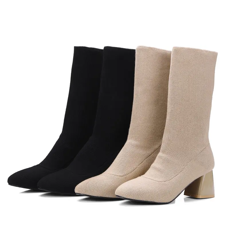 Женские сапоги до середины икры зимние эластичные вязаные на высоком квадратном