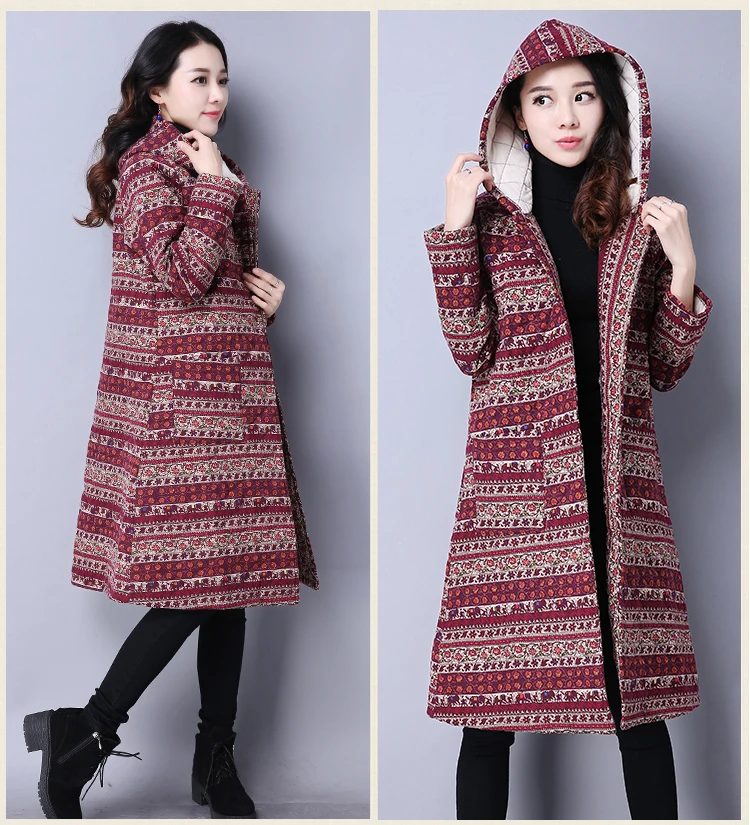 Winter Vintage Hooded Print Mid-Long Cardigan Retro Warm Long Sleeve Coat Oversized Plus Size Hoodies Thicken Cotton Jacket |