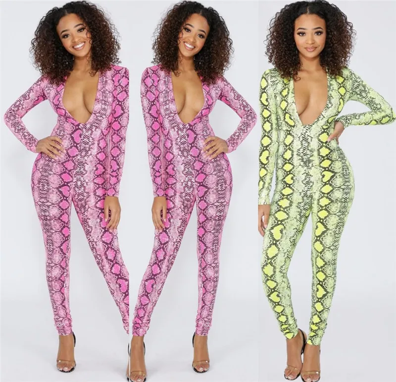 Женский комбинезон со змеиным принтом Облегающий с глубоким V образным вырезом и