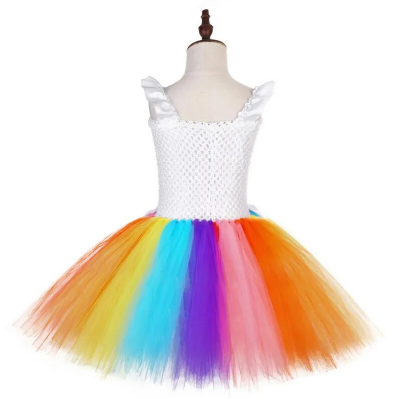 

Girls Rainbow Unicorn Flowers Tutu Dress with Headband Wings Princess Children Kids Halloween Unicorn Costume Party Dress