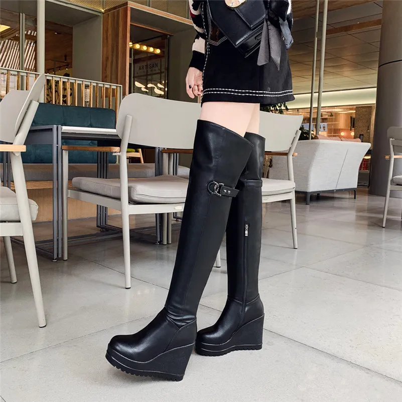 Meotina Winter Thigh High Boots Women Genuine Leather Platform Wedge Heel Over the Knee Boots Zip Super High Heel Long Shoes 40