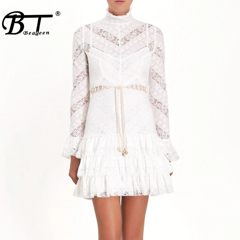 Женское кружевное мини платье с оборками Beateen белое вечернее длинными рукавами и