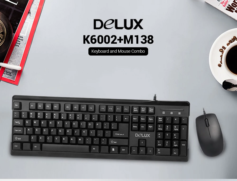 Delux K6002+ M138 Проводная клавиатура мышь комбинированная 104 клавиш с подставкой для рук для windows XP/7/8/10/MAC Регулируемое разрешение 1000 dpi