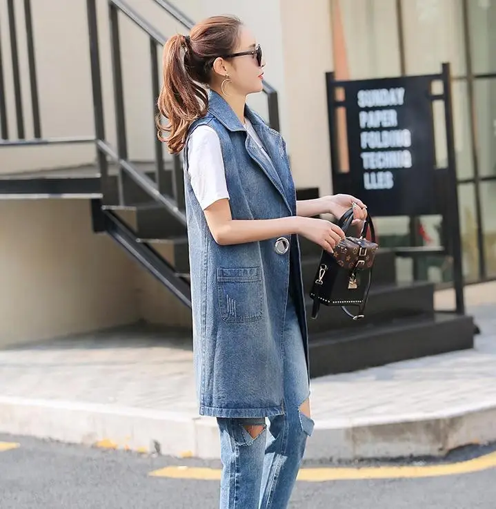 Женская джинсовая куртка длинный ковбойский жилет с воротником весна-осень 2018 |