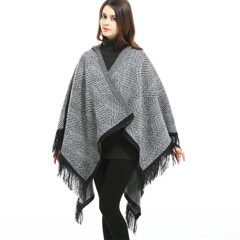 Новинка модная женская шаль пончо с кисточками повседневное оверсайз клетчатый