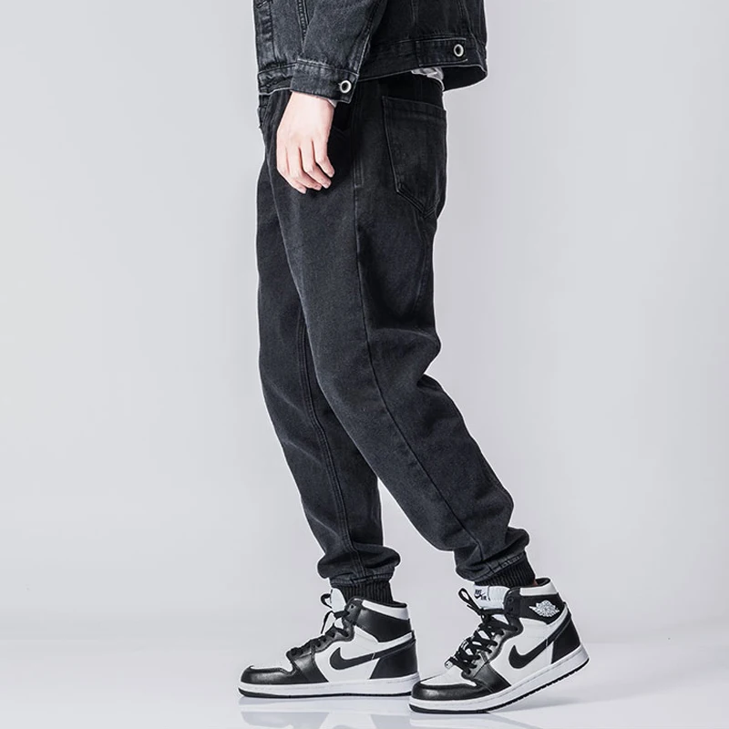 

Japanese Style Fashion Men Jeans Vintage Black Spliced Designer Denim Cargo Pants Harem Jeans Men Slack Bottom Hip Hop Joggers