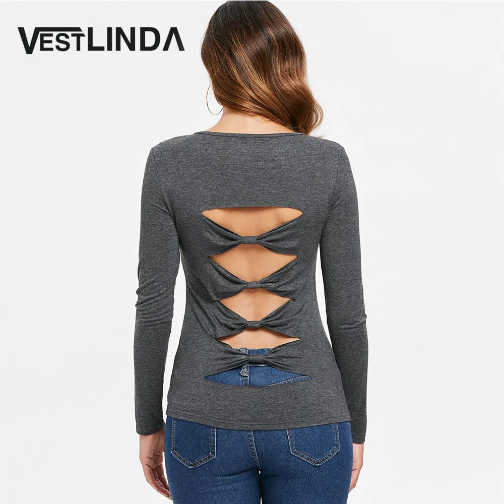 VESTLINDA весенне осенний женский топ футболка с бантом и вырезом на спине