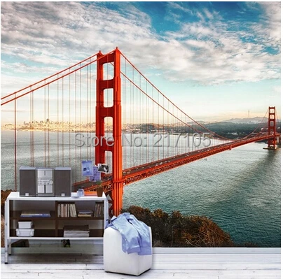 Бесплатная доставка Золотые ворота мост пейзаж город большие фрески гостиная