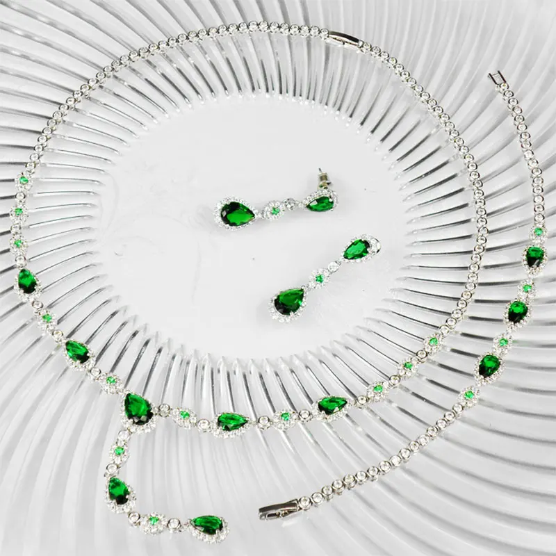 CZ бриллианты вымощенные капли изумрудно зеленые Свадебные Ювелирные наборы