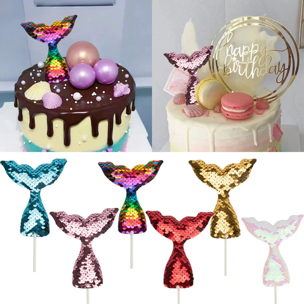 Sequin Fish Tail Cake Topper Wedding Decorations Shiny Picks Cupcake Toppers Party Supplies For Baby Shower Birthday | Дом и сад