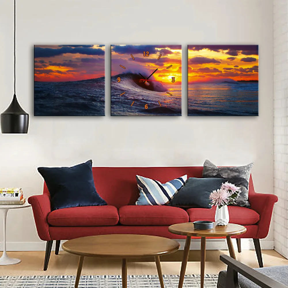 

Free Shipping E-HOME Surf Scenery Clock in Canvas 3pcs wall clock 17121103