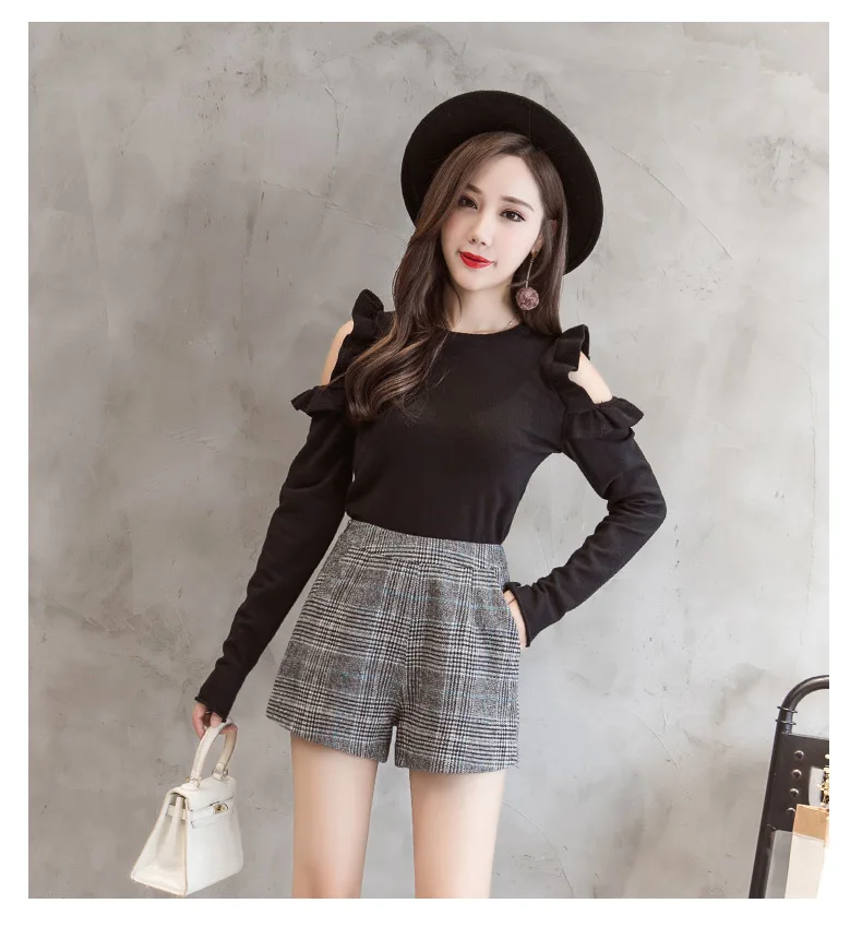 Vintage Plaid Shorts Women High Waist Shorts Fashion Pockets Straight Short Pants Autumn Winter Casual Slim Fit Wool Short