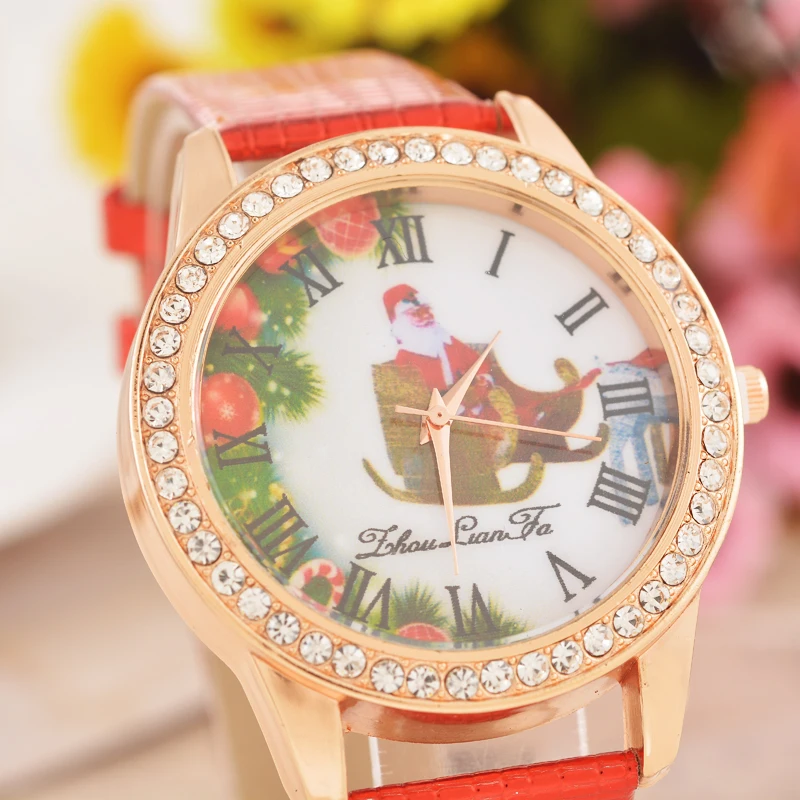 2018 рождественские мужские часы с узором женские со стразами циферблат кожаный