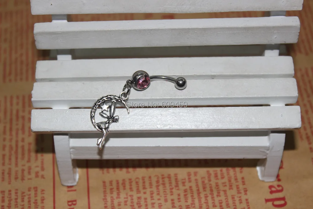 Silver Moon Angel Charm Belly Button Ring Crystal |